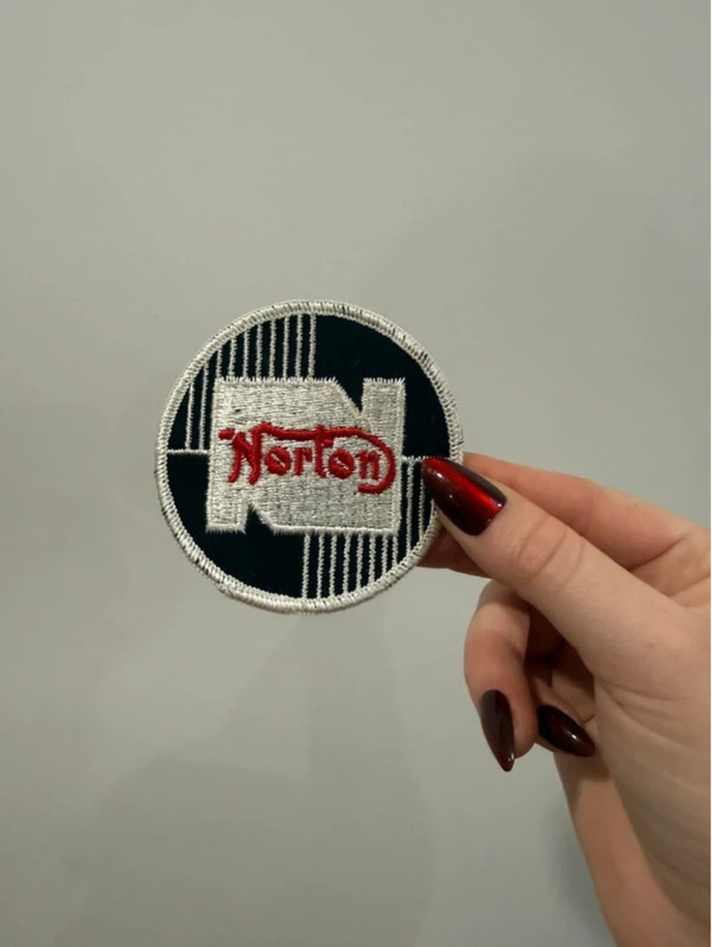 Vintage Norton Motorcycle Embroidered Patch, Round 3 Inch, Black White Red